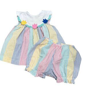 Vintage Samara Baby Girls 2-Piece Outfit Floral Collar & Striped Bloomers 12 Mon